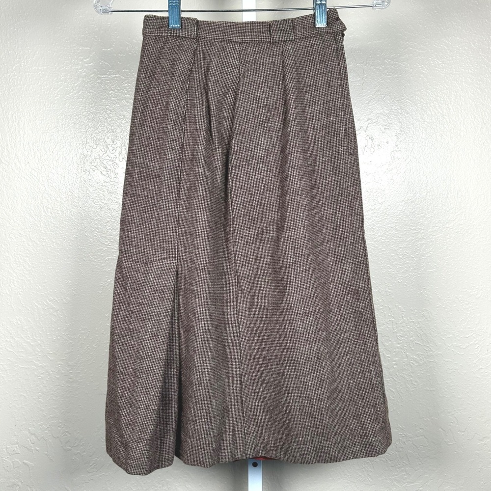 Wool Midi Skirt Brown Womens XS Micro Houndstooth Pure Wool Pleated EUC Vintage